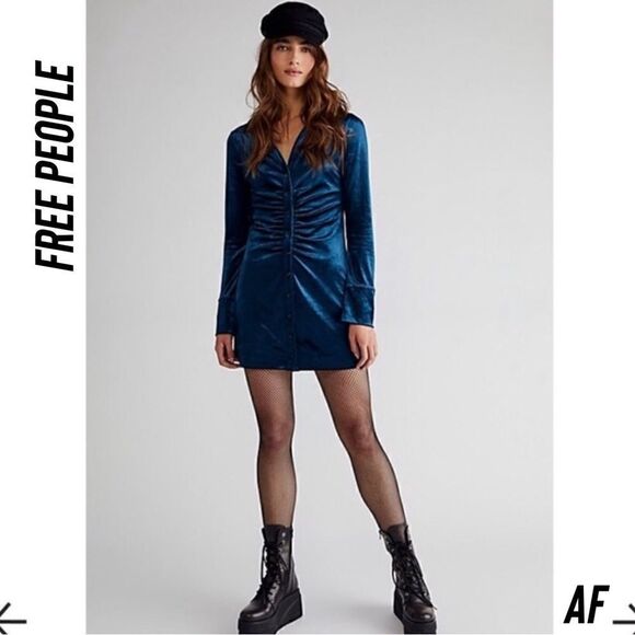 FREE PEOPLE SHAYLA VELVET MINI DRESS IN NAVY NEW XS - Picture 3 of 11